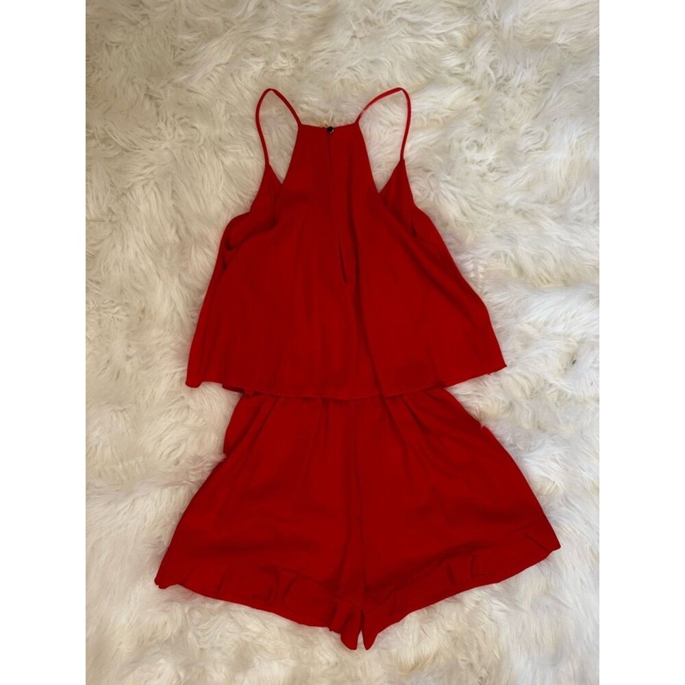 Red Orange Coral Ruffle Romper Small Flowy Layered V-Neck Summer Vacation Outfit - Picture 8 of 12